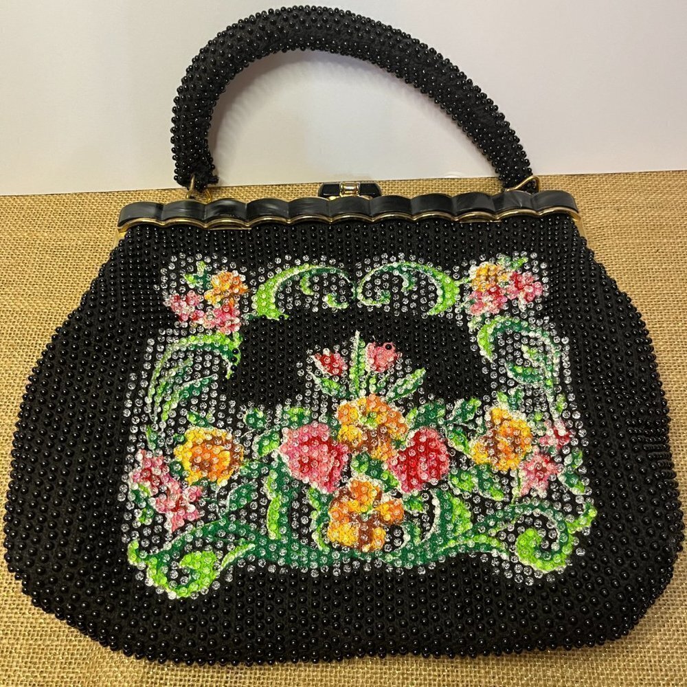 Vintage Rare Beaded Bag Black Floral Laura USA Purse - Picture 6 of 6